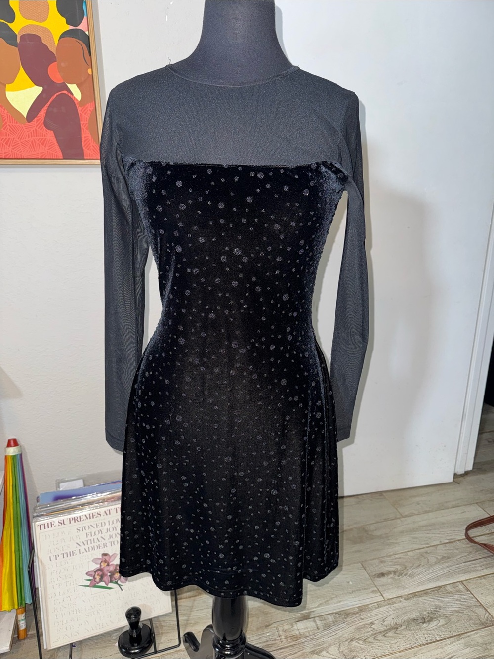 Cache Black Long-Sleeve Velvet Polka Dot (beaded) Dress